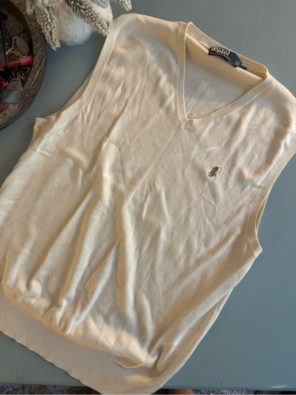 Ralph Lauren Men’s Pima Cotton Cream V-Neck Knit Sweater Vest Size M